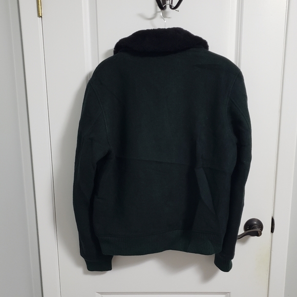 SANDRO Shearling Trim Collar Green Herringbone Wool Aviator Jacket - Picture 6 of 16